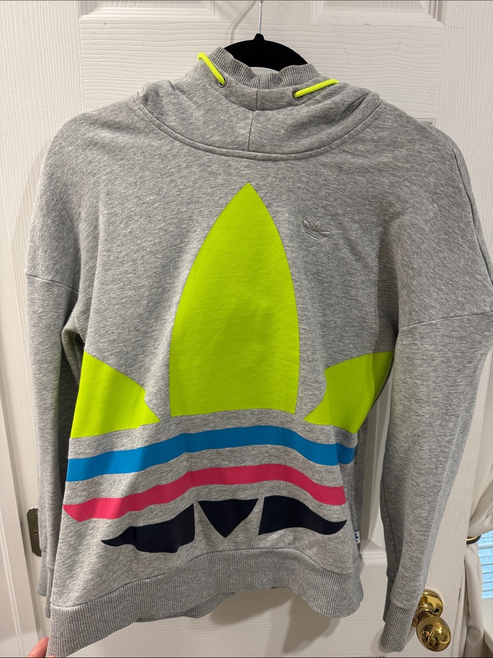 adidas Women’s Gray Crewneck Sweatshirt with Neon Yellow, Blue & Pink Accents